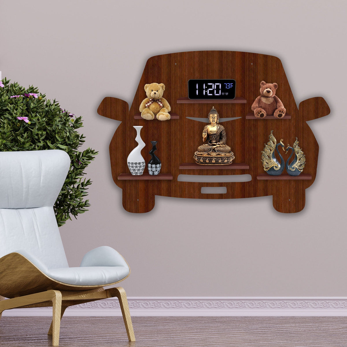 Designer Car Wooden LED Light Wall Shelf with Walnut Finish