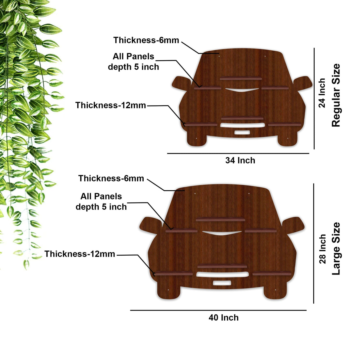Designer Car Wooden LED Light Wall Shelf with Walnut Finish