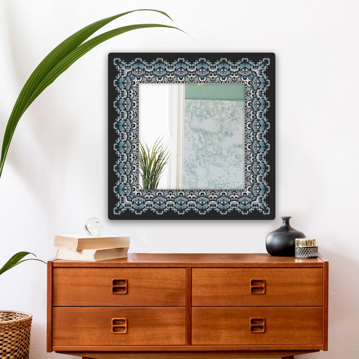 Designer Floral Square Frame Printed Acrylic Wall Mirror
