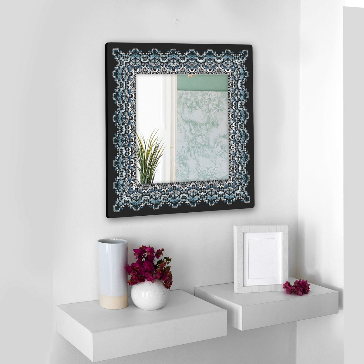 Designer Floral Square Frame Printed Acrylic Wall Mirror