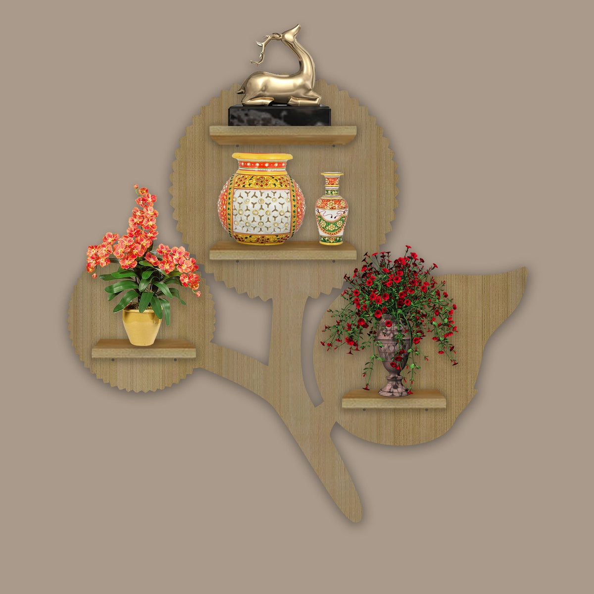 Designer Flower Shape Wooden LED Light Wall Shelf with Oak Finish