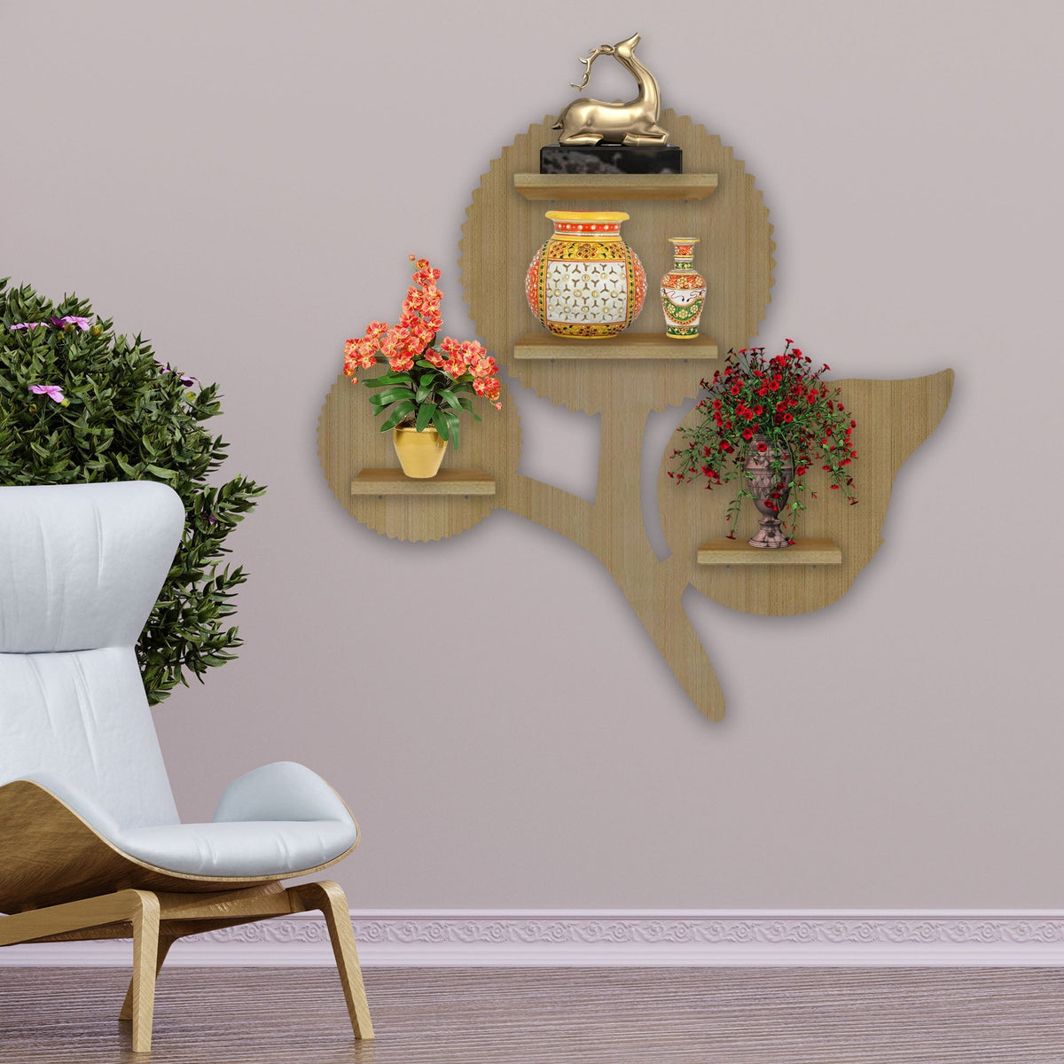 Designer Flower Shape Wooden LED Light Wall Shelf with Oak Finish