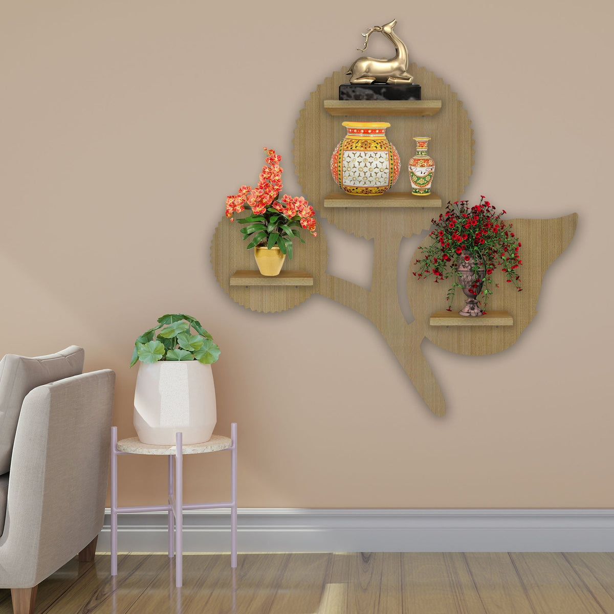 Designer Flower Shape Wooden LED Light Wall Shelf with Oak Finish