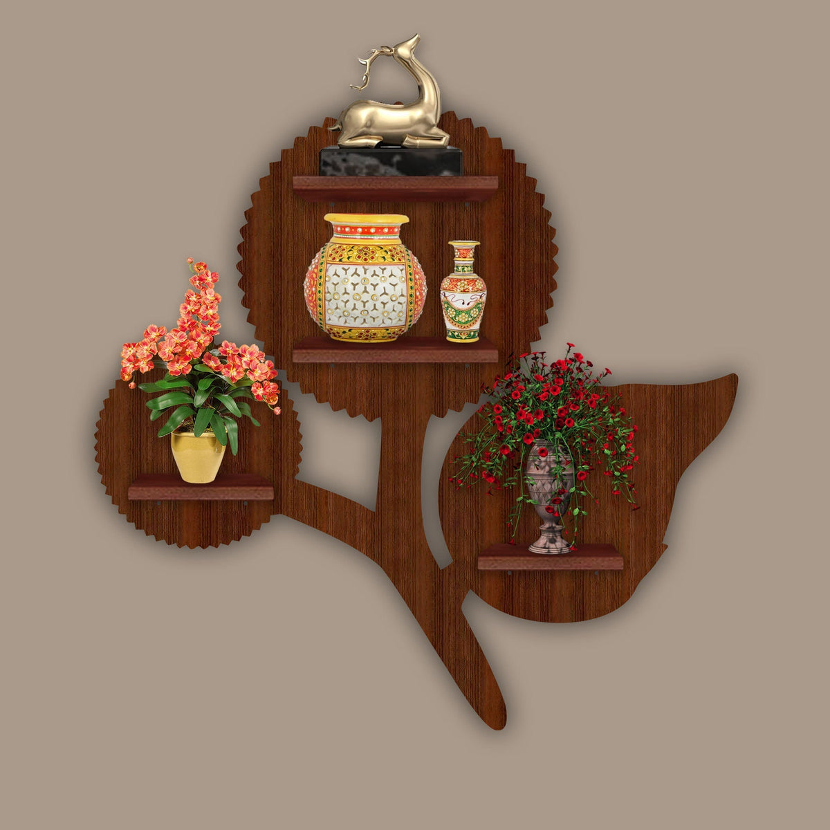 Designer Flower Shape Wooden LED Light Wall Shelf with Walnut Finish