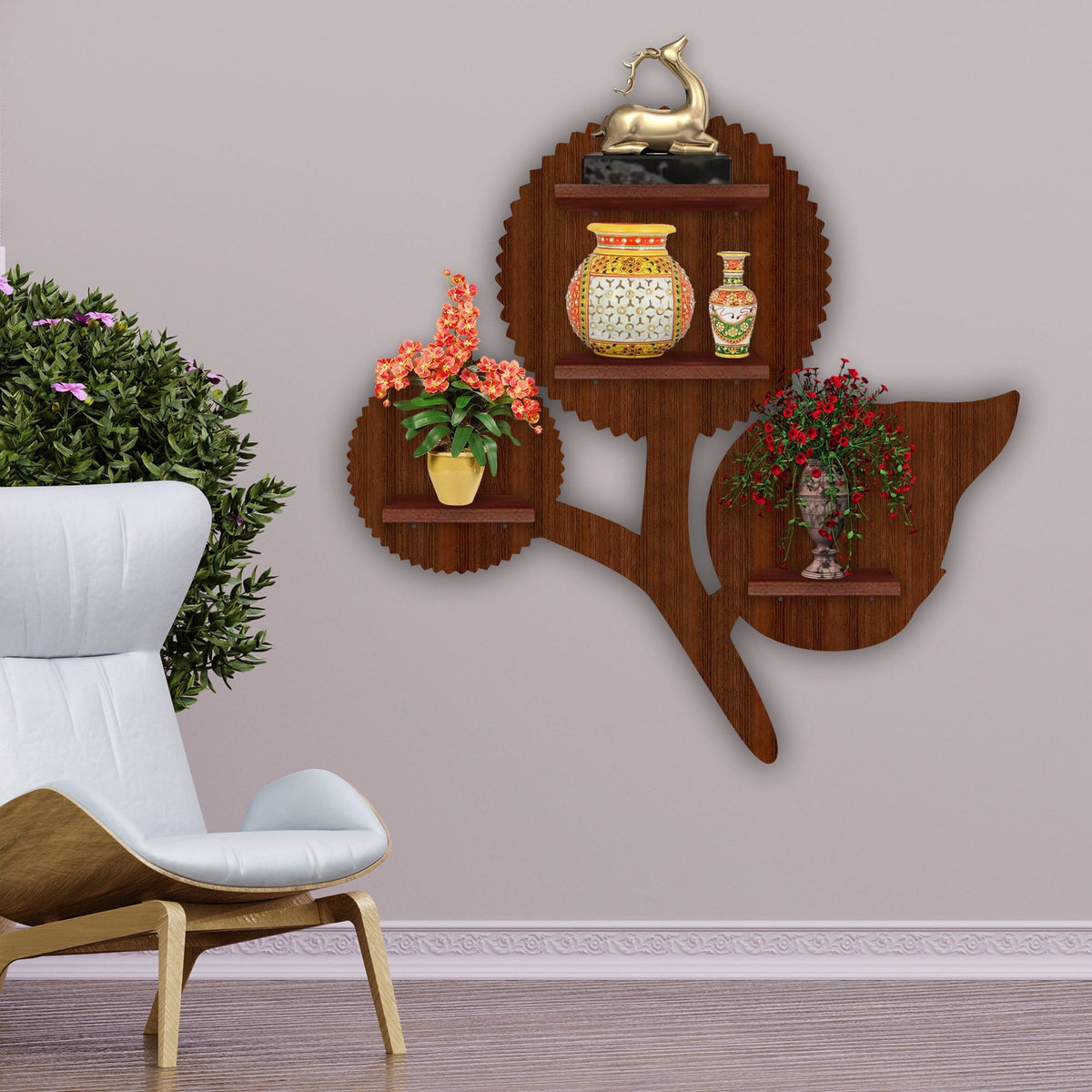 Designer Flower Shape Wooden LED Light Wall Shelf with Walnut Finish
