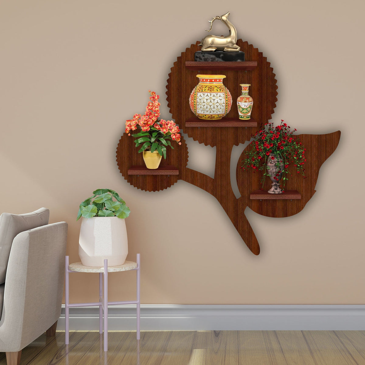 Designer Flower Shape Wooden LED Light Wall Shelf with Walnut Finish