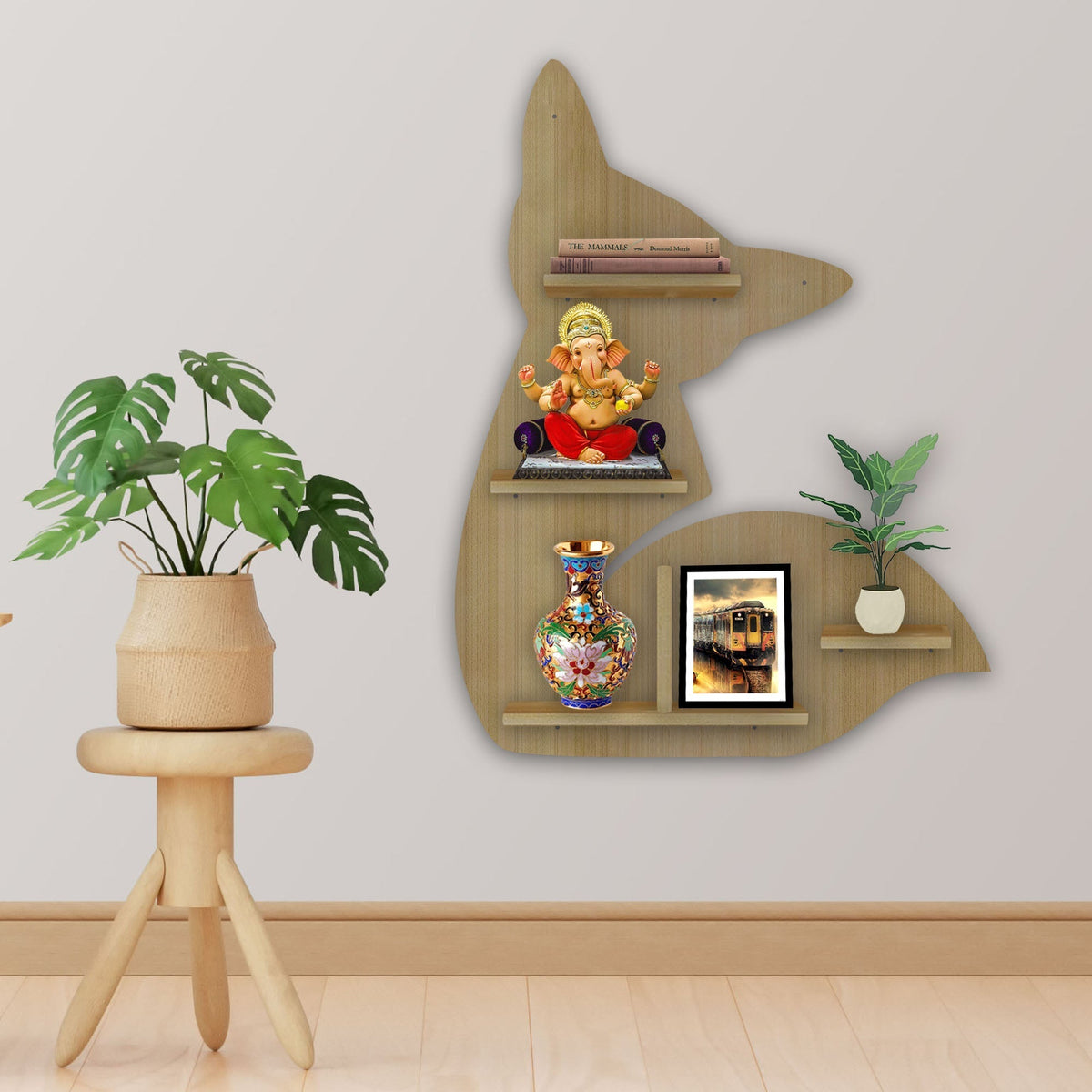 Designer Fox Shape Wooden LED Light Wall Shelf with Oak Finish