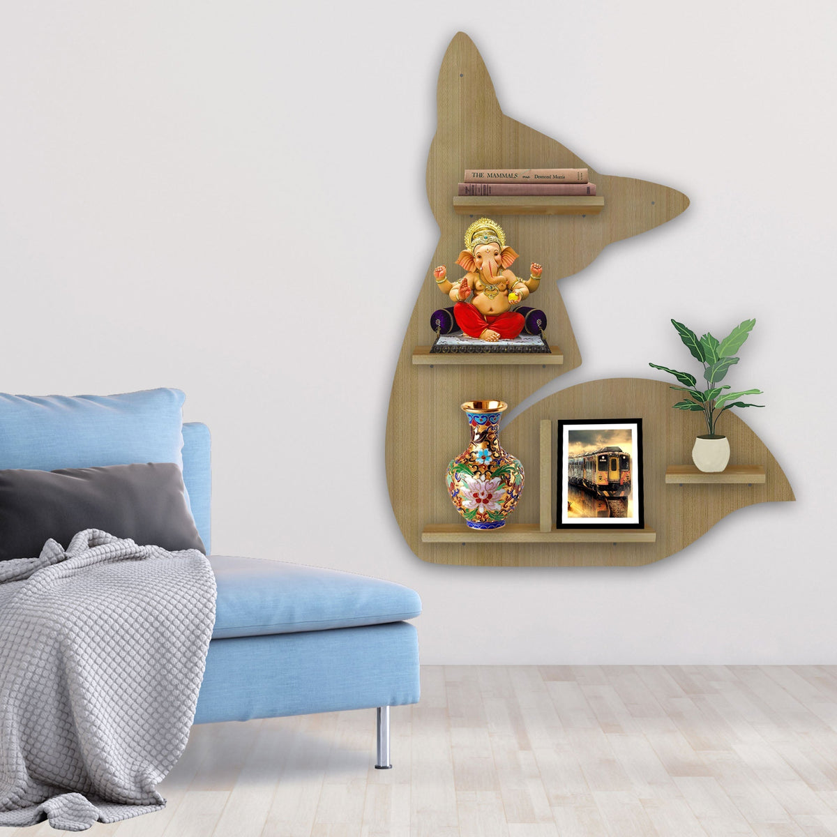 Designer Fox Shape Wooden LED Light Wall Shelf with Oak Finish