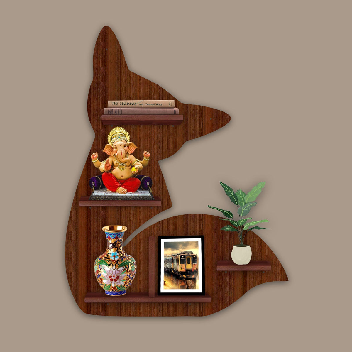 Designer Fox Shape Wooden LED Light Wall Shelf with Walnut Finish