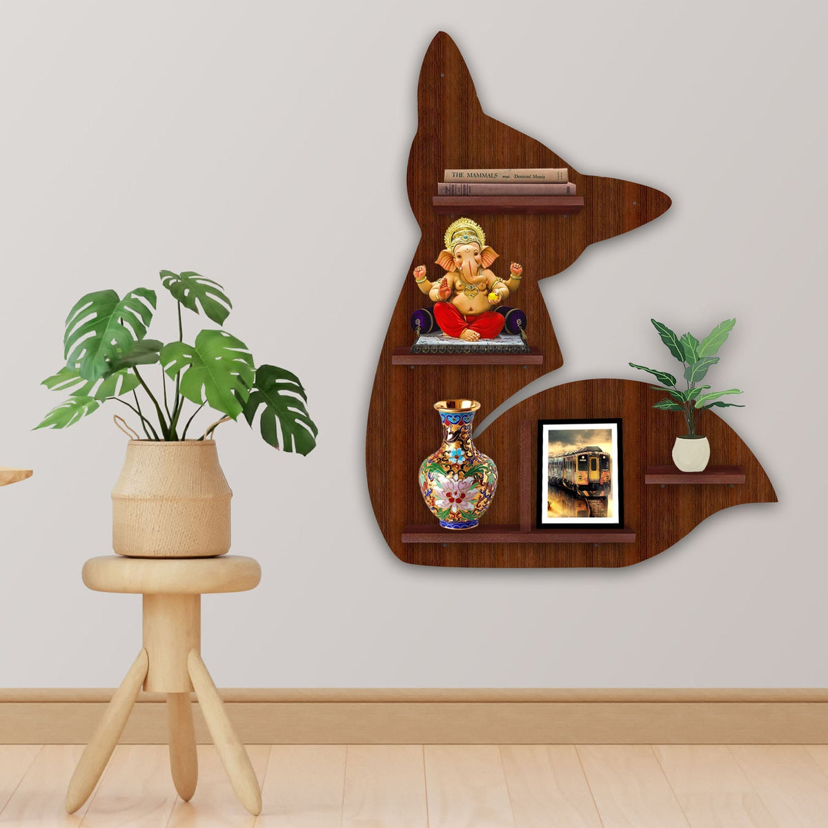Designer Fox Shape Wooden LED Light Wall Shelf with Walnut Finish