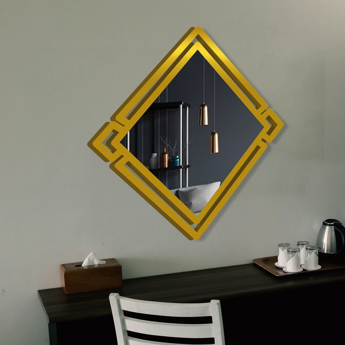 Designer Geometrical Squre Shape Golden Finish Wooden Vanity Mirror