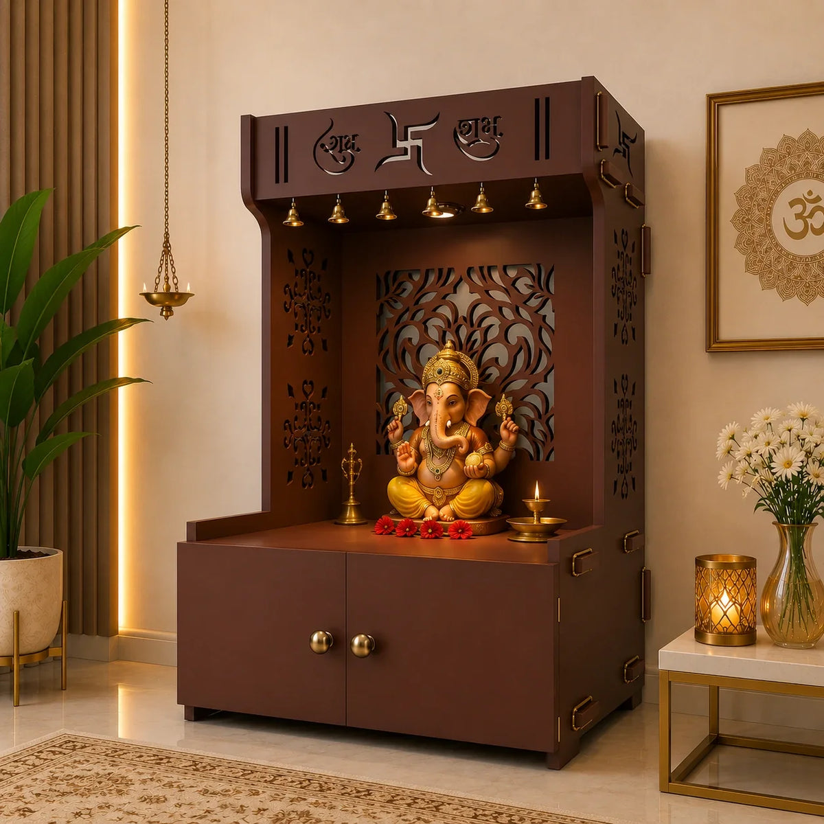 Designer Intricate Jali Design Pattern Floor Temple with Spacious Wooden Shelf & Inbuilt Focus Light- Brown Finish