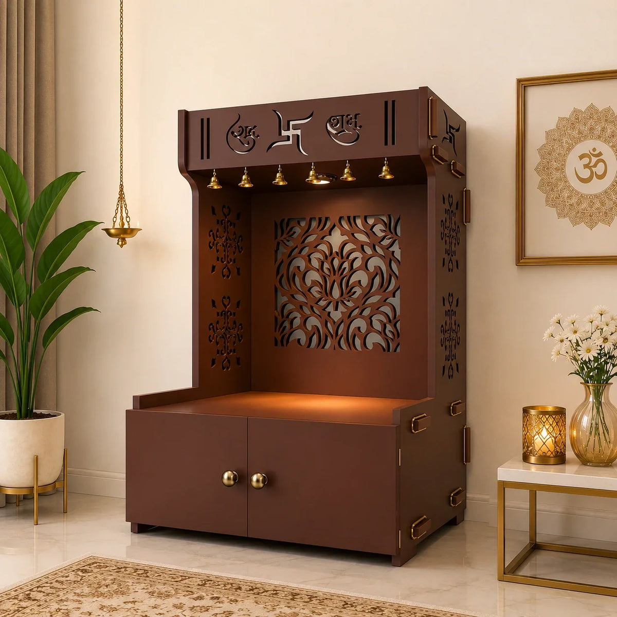 Designer Intricate Jali Design Pattern Floor Temple with Spacious Wooden Shelf & Inbuilt Focus Light- Brown Finish