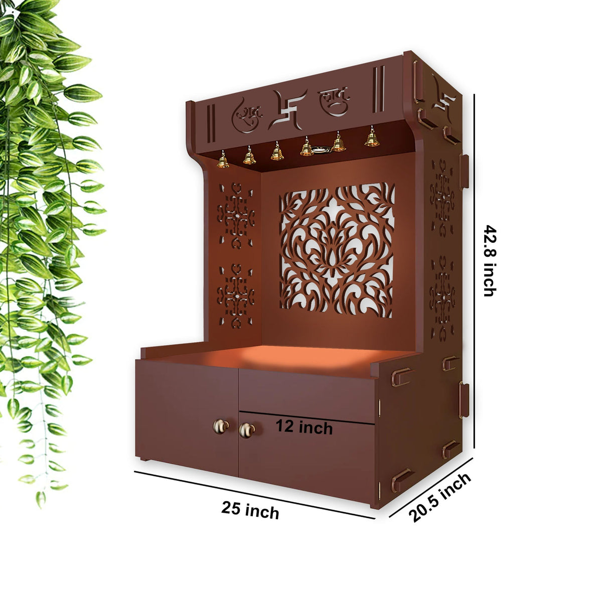 Designer Intricate Jali Design Pattern Floor Temple with Spacious Wooden Shelf & Inbuilt Focus Light- Brown Finish