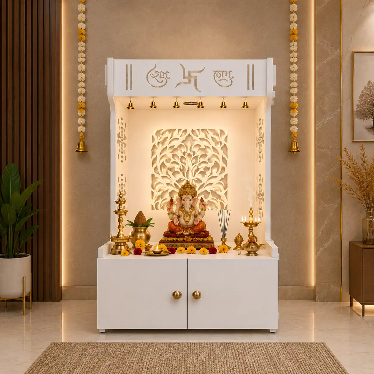 Designer Intricate Jali Design Pattern Floor Temple with Spacious Wooden Shelf & Inbuilt Focus Light- White Finish