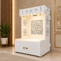 Designer Intricate Jali Design Pattern Floor Temple with Spacious Wooden Shelf & Inbuilt Focus Light- White Finish