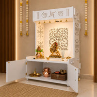 Designer Intricate Jali Design Pattern Floor Temple with Spacious Wooden Shelf & Inbuilt Focus Light- White Finish