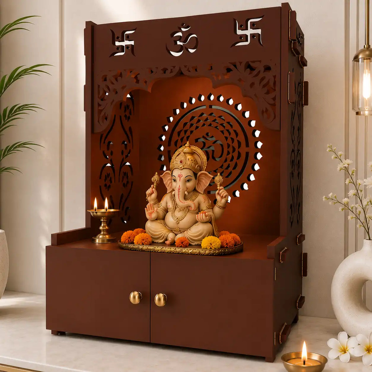 Designer Om Chakra Floor Temple with Spacious Wooden Shelf & Inbuilt Focus Light- Brown Finish