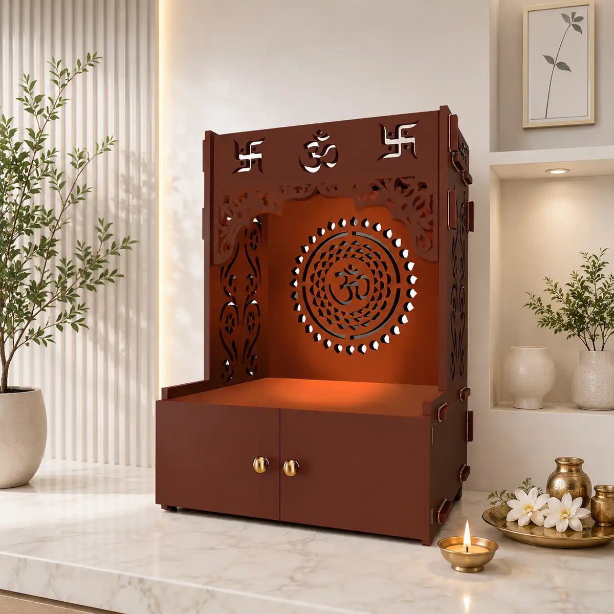 Designer Om Chakra Floor Temple with Spacious Wooden Shelf & Inbuilt Focus Light- Brown Finish