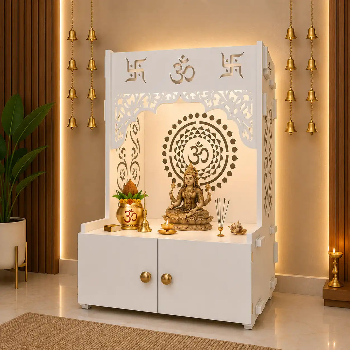 Designer Om Chakra Floor Temple with Spacious Wooden Shelf & Inbuilt Focus Light- White Finish