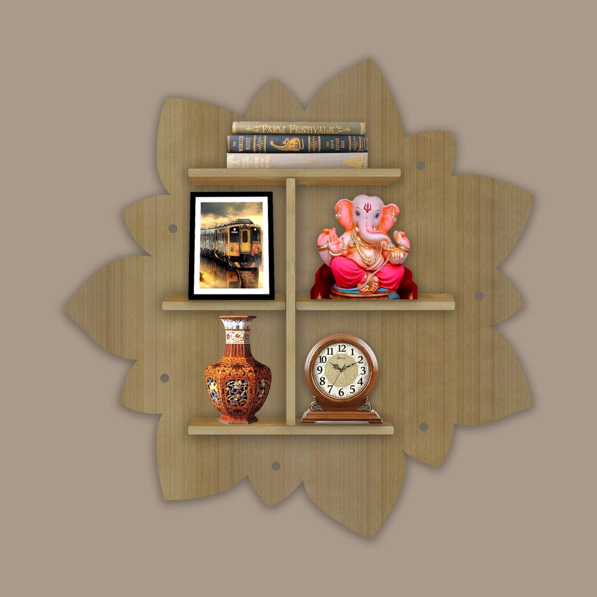 Designer Rangoli Shape Wooden LED Light Wall Shelf with Oak Finish