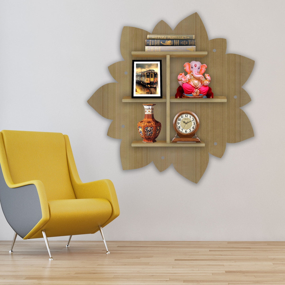 Designer Rangoli Shape Wooden LED Light Wall Shelf with Oak Finish