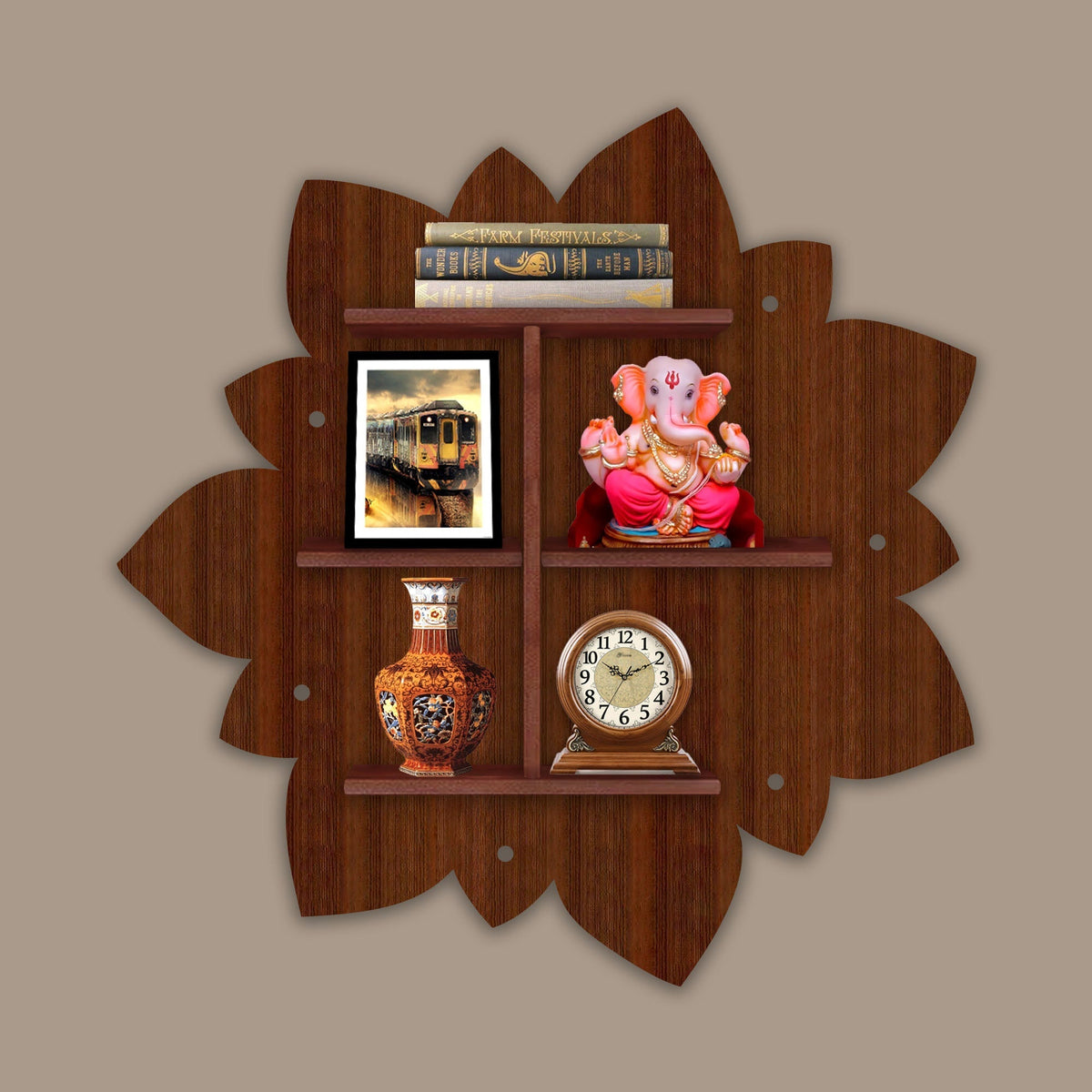 Designer Rangoli Shape Wooden LED Light Wall Shelf with Walnut Finish