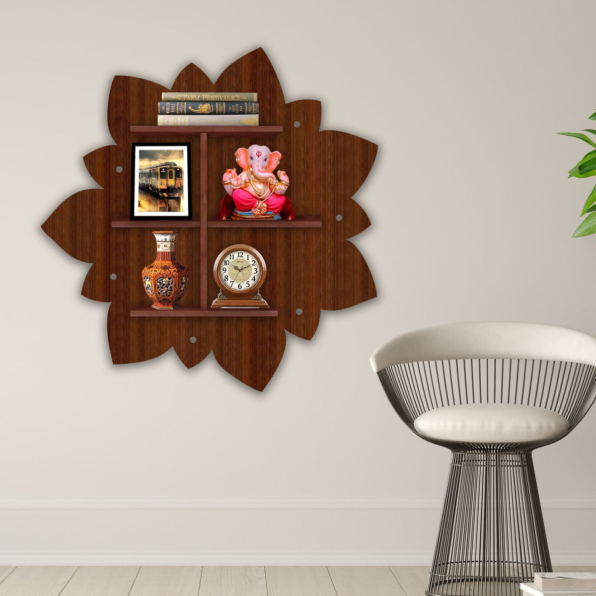 Designer Rangoli Shape Wooden LED Light Wall Shelf with Walnut Finish