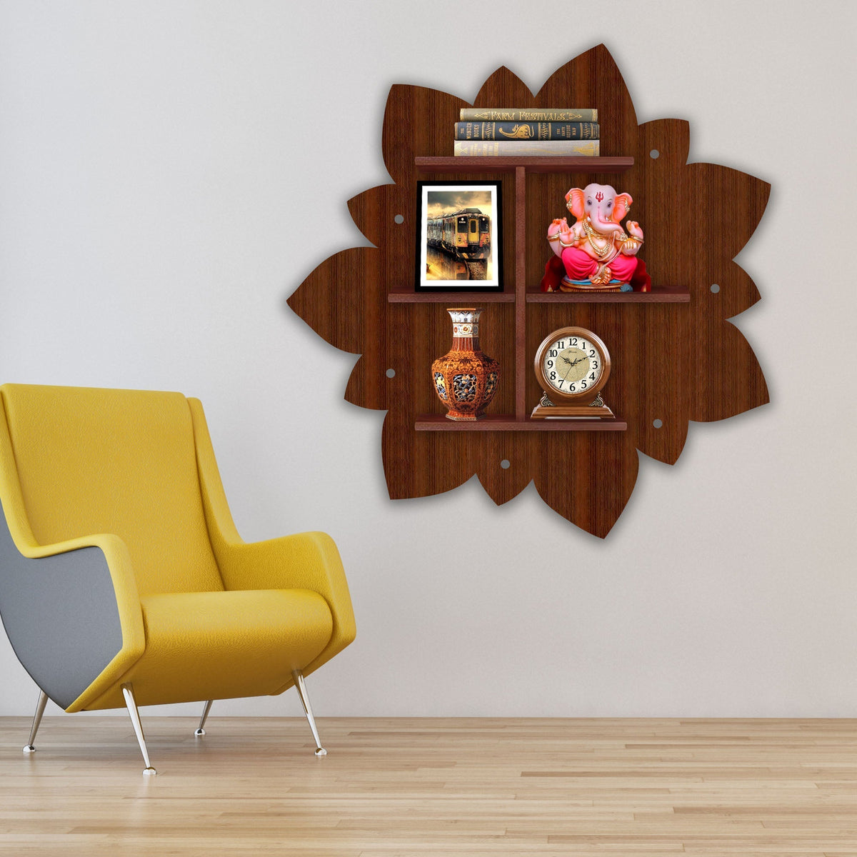 Designer Rangoli Shape Wooden LED Light Wall Shelf with Walnut Finish