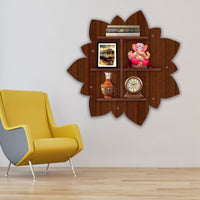 Designer Rangoli Shape Wooden LED Light Wall Shelf with Walnut Finish