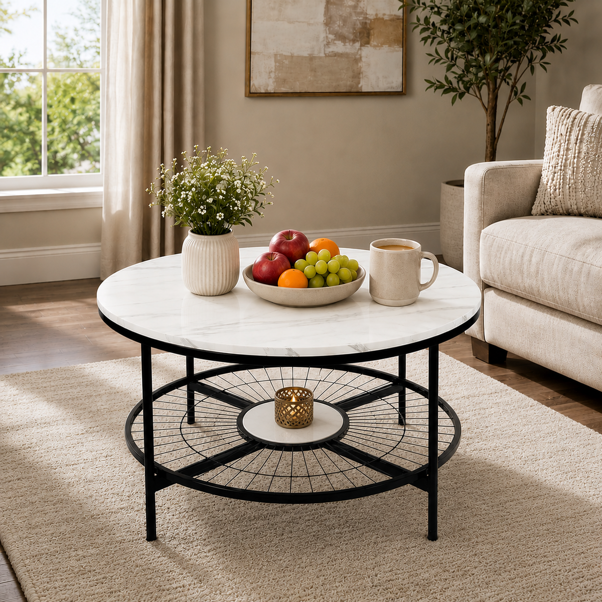 Designer Round Modern Center Table with White Marble Black Metal Finish