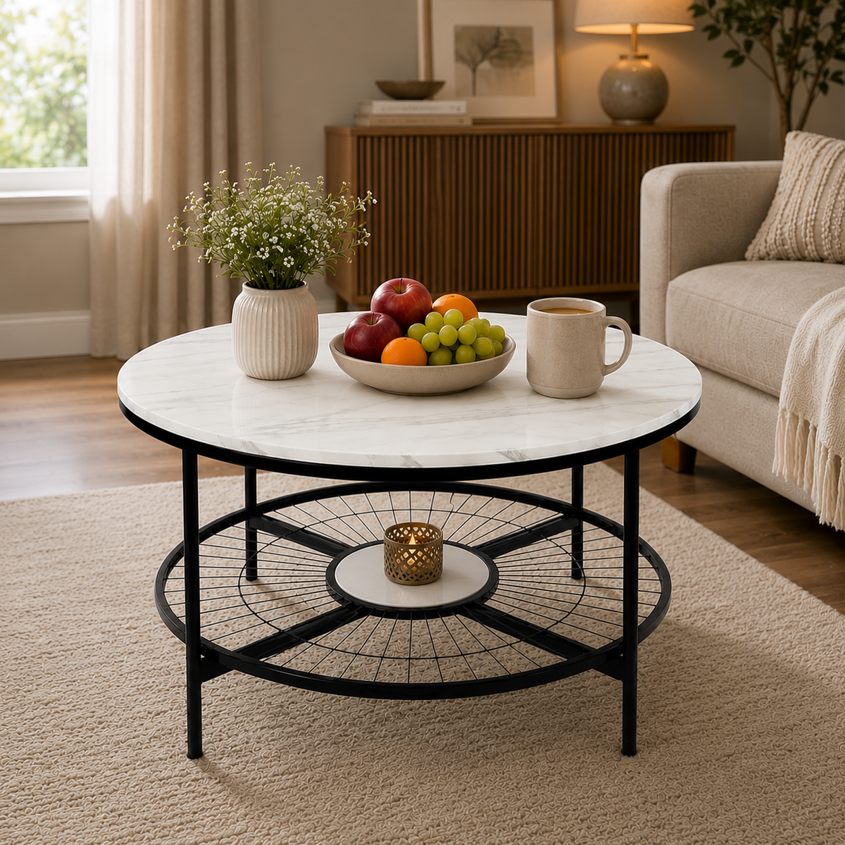 Designer Round Modern Center Table with White Marble Black Metal Finish