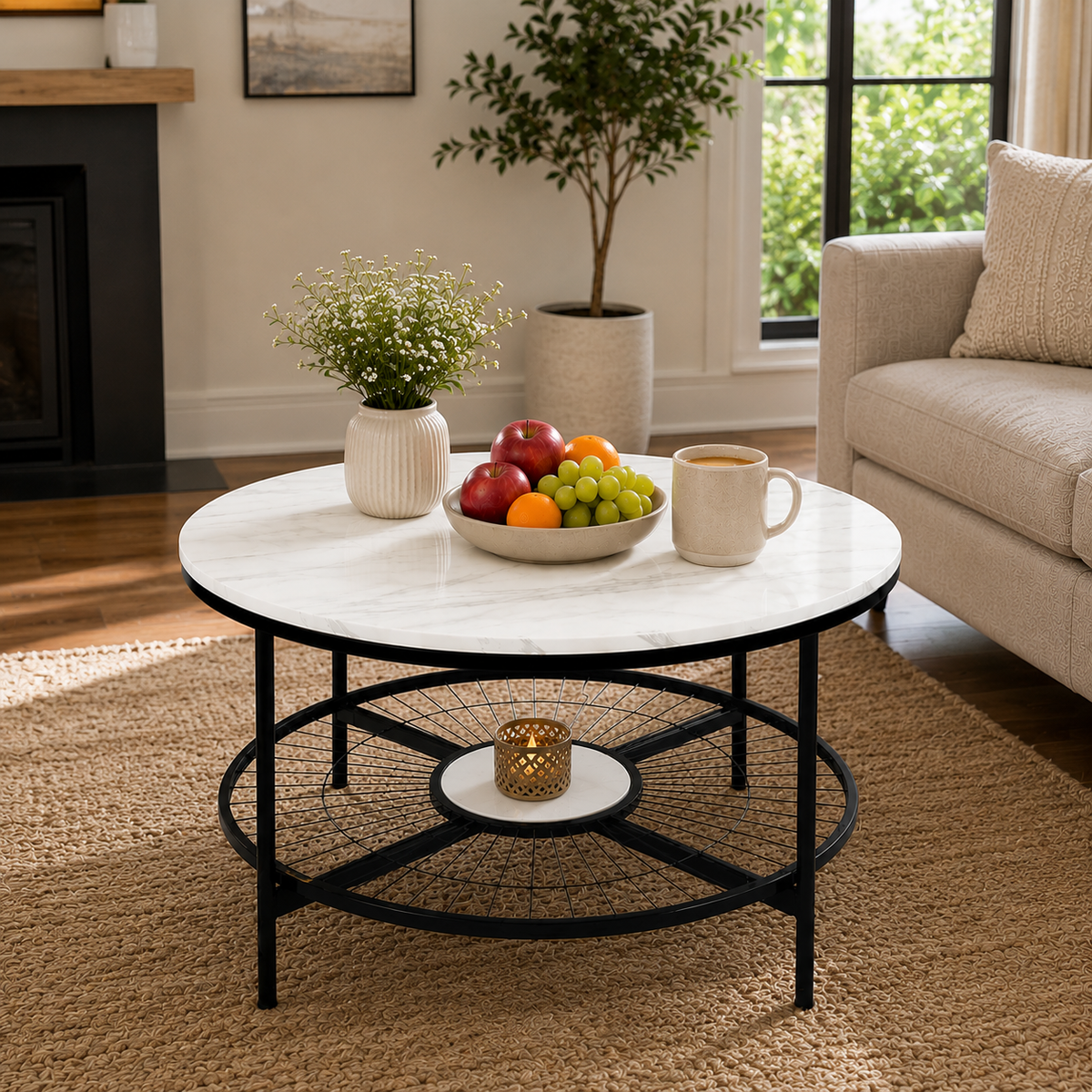 Designer Round Modern Center Table with White Marble Black Metal Finish