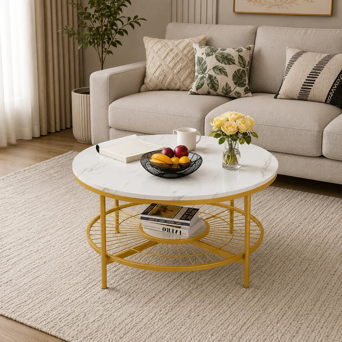 Designer Round Modern Center Table with White Marble Golden Metal Finish