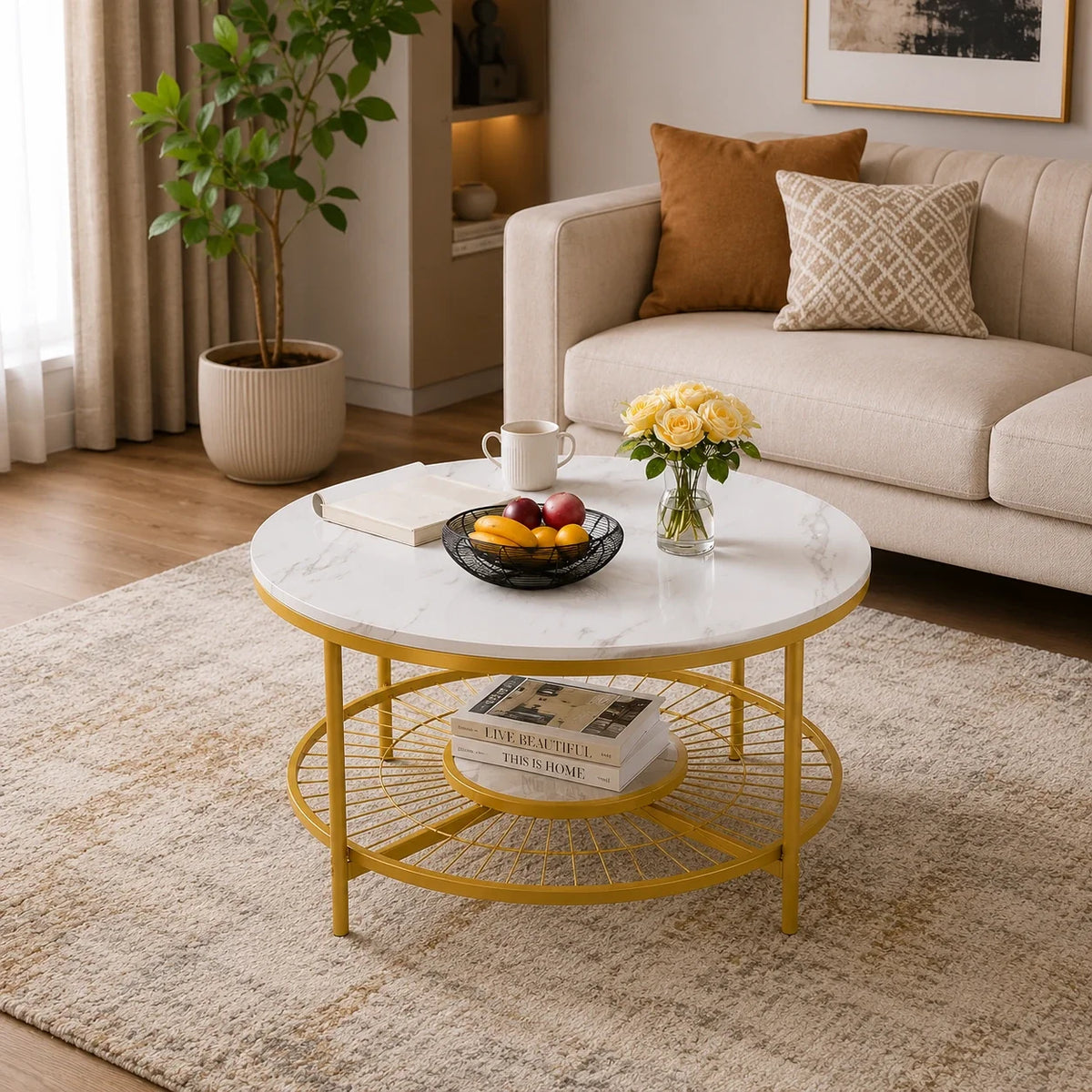 Designer Round Modern Center Table with White Marble Golden Metal Finish