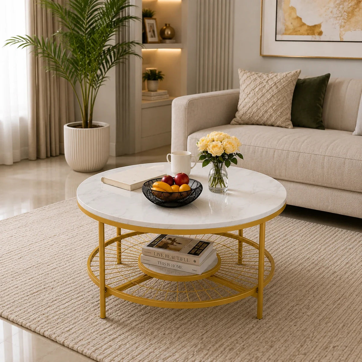 Designer Round Modern Center Table with White Marble Golden Metal Finish