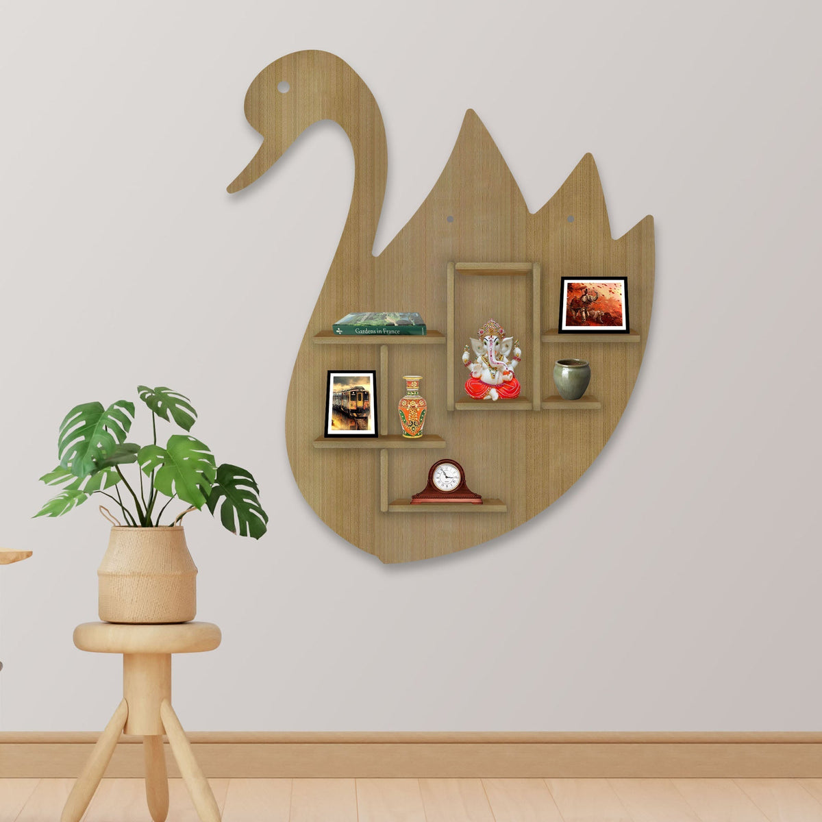 Designer Swan Shape Backlit Wooden LED Light Wall Shelf with Oak Finish