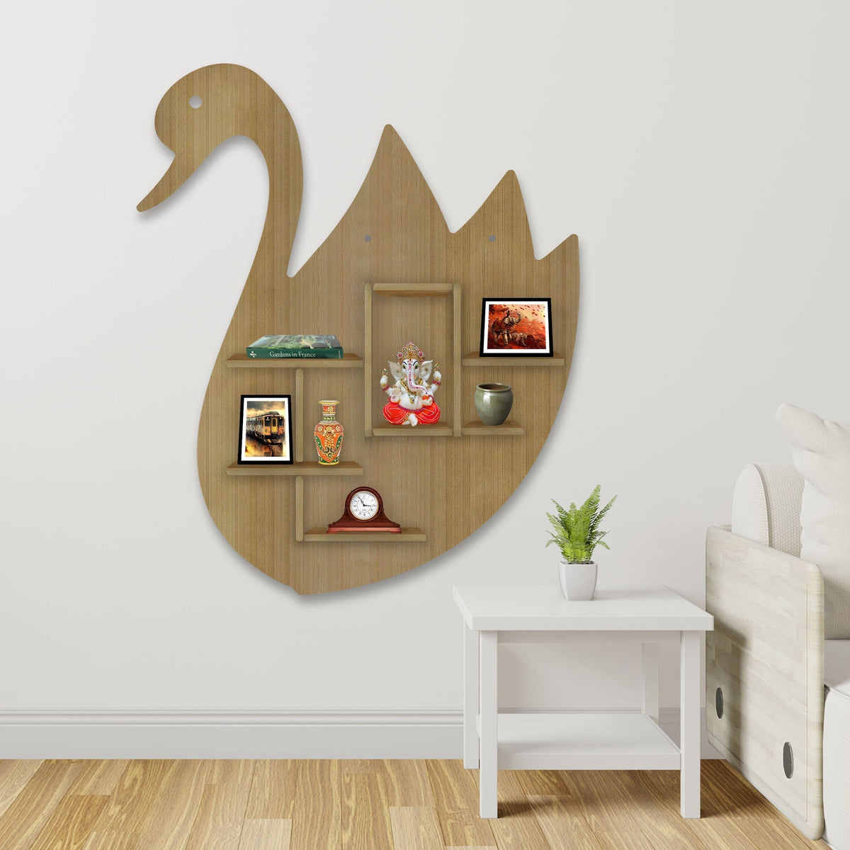 Designer Swan Shape Backlit Wooden LED Light Wall Shelf with Oak Finish