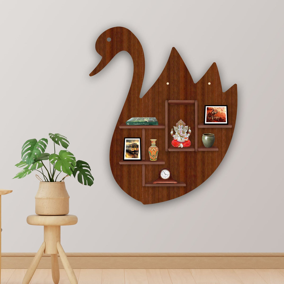 Designer Swan Shape Backlit Wooden LED Light Wall Shelf with Walnut Finish