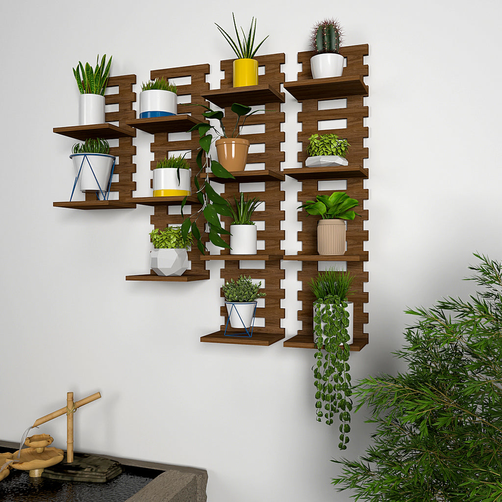 Designer Unique Pattern Dark Walnut Planter Shelves Set Of 4
