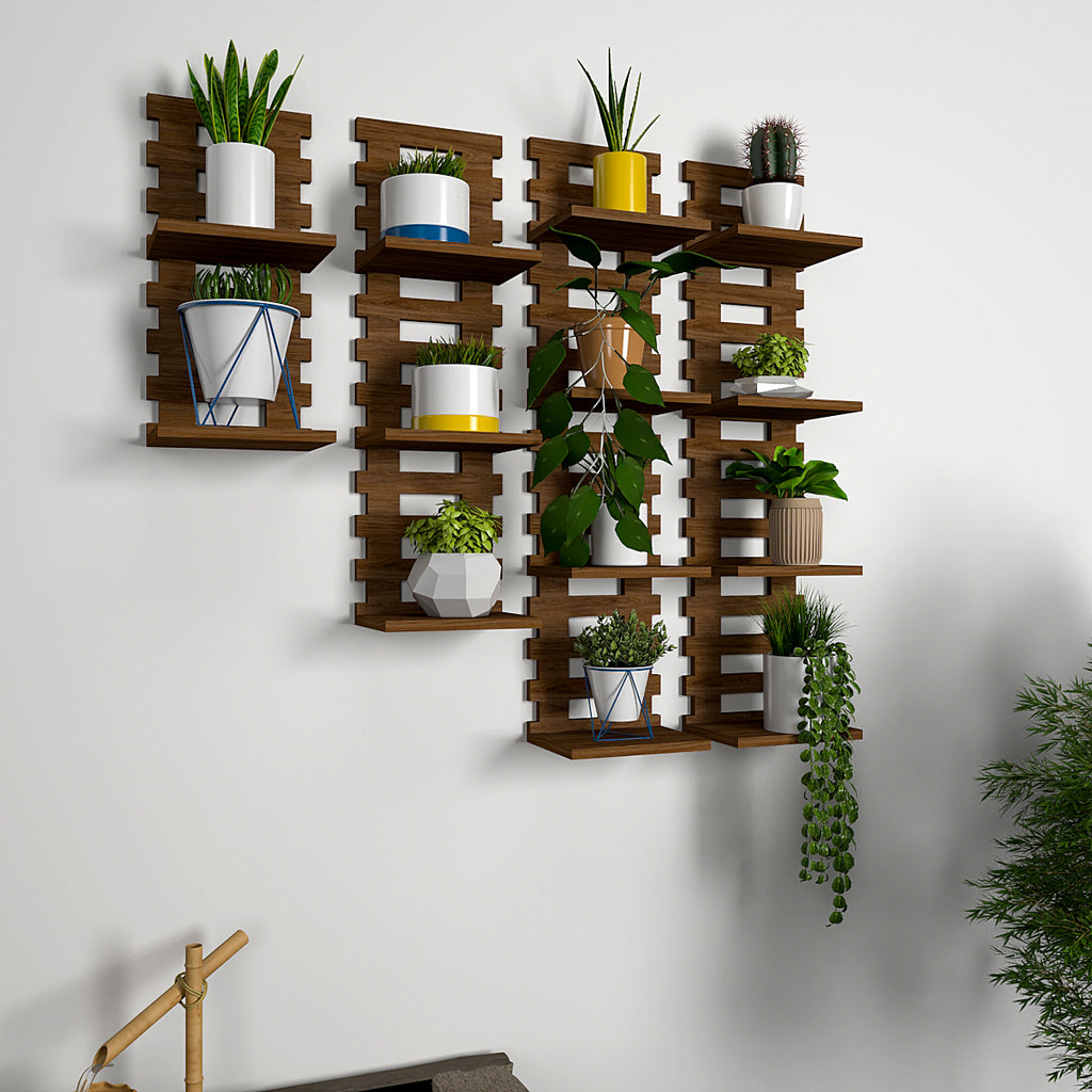 Designer Unique Pattern Dark Walnut Planter Shelves Set Of 4