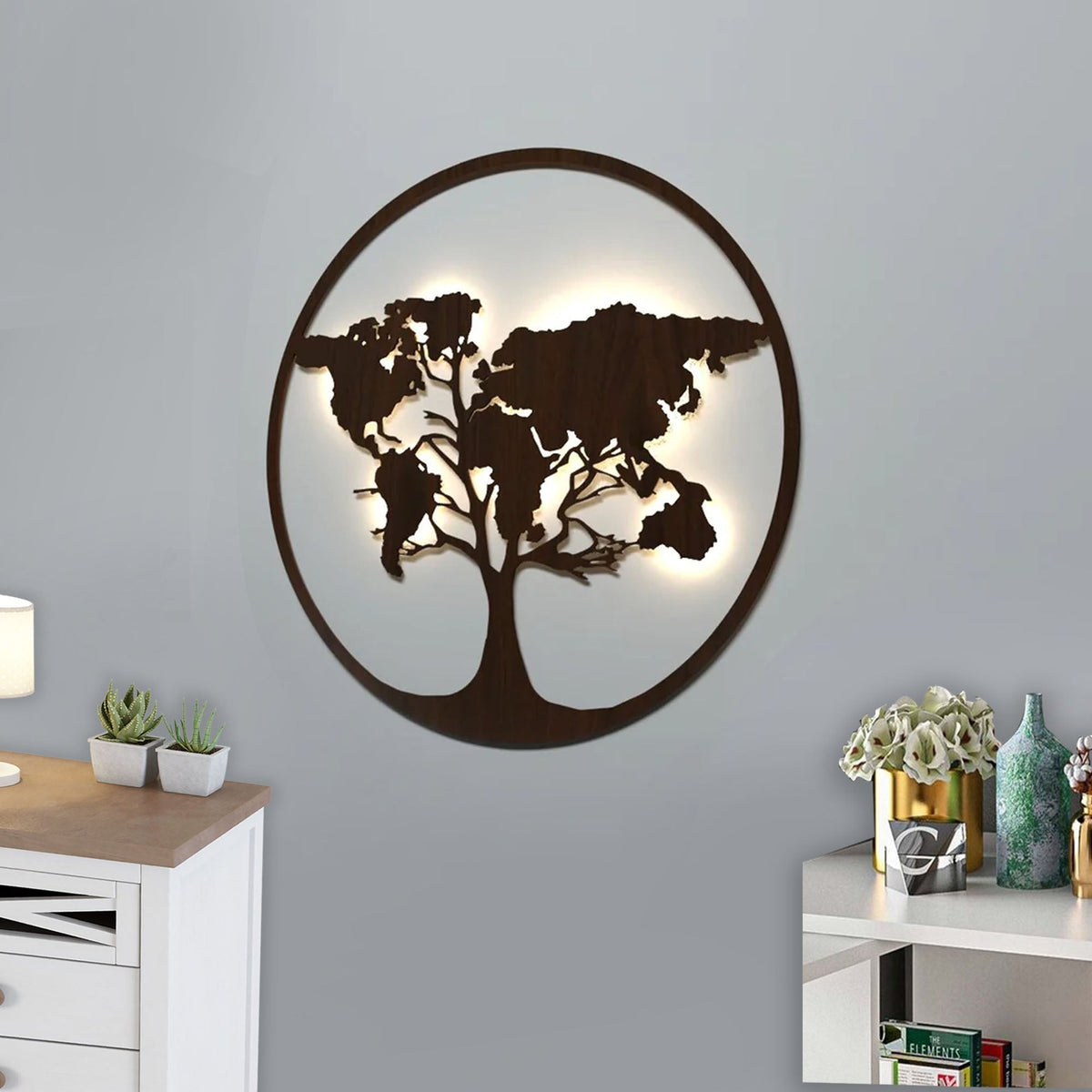 Designer World Map Tree Backlit Wooden Wall Art  with LED Night Light Walnut Finish