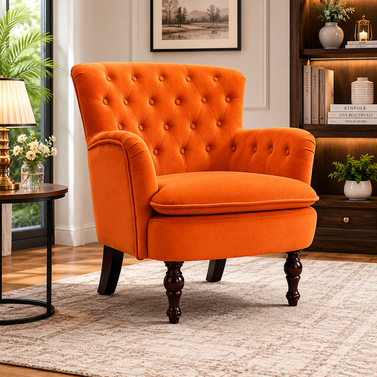 Detailed Tufted Super Comfy Orange Velvet Sofa Lounge Chair