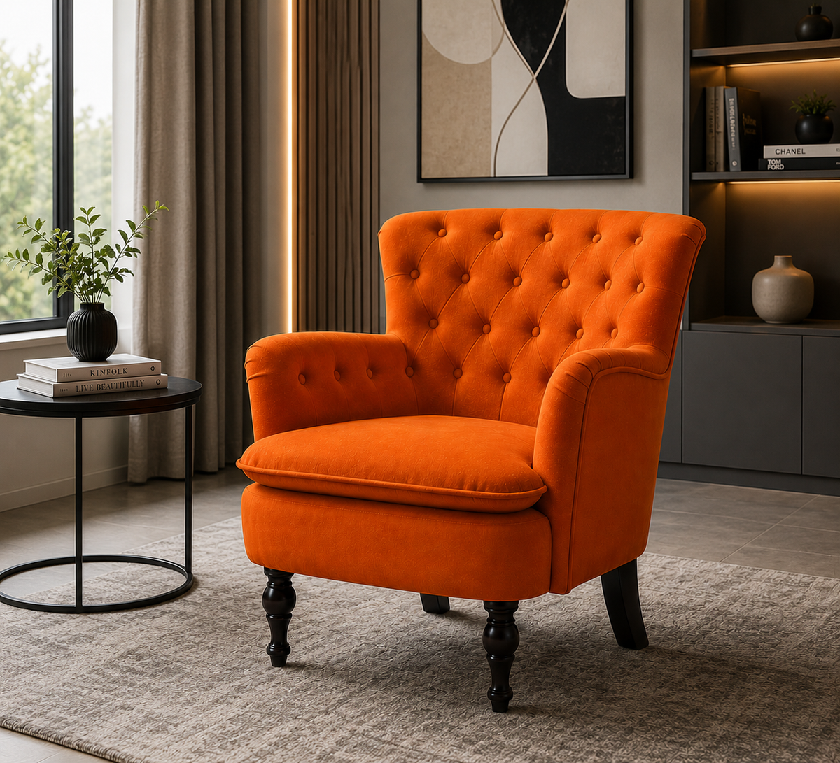 Detailed Tufted Super Comfy Orange Velvet Sofa Lounge Chair