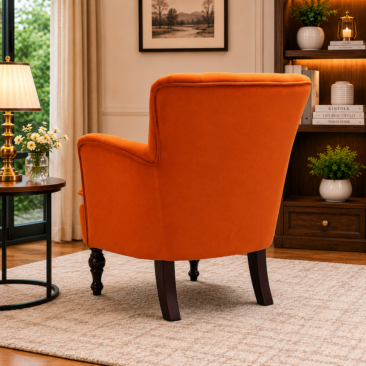Detailed Tufted Super Comfy Orange Velvet Sofa Lounge Chair