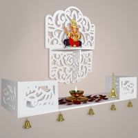 Divine Beautiful Wall Hanging Wooden Temple/ Pooja Mandir Design with Shelf, White Color