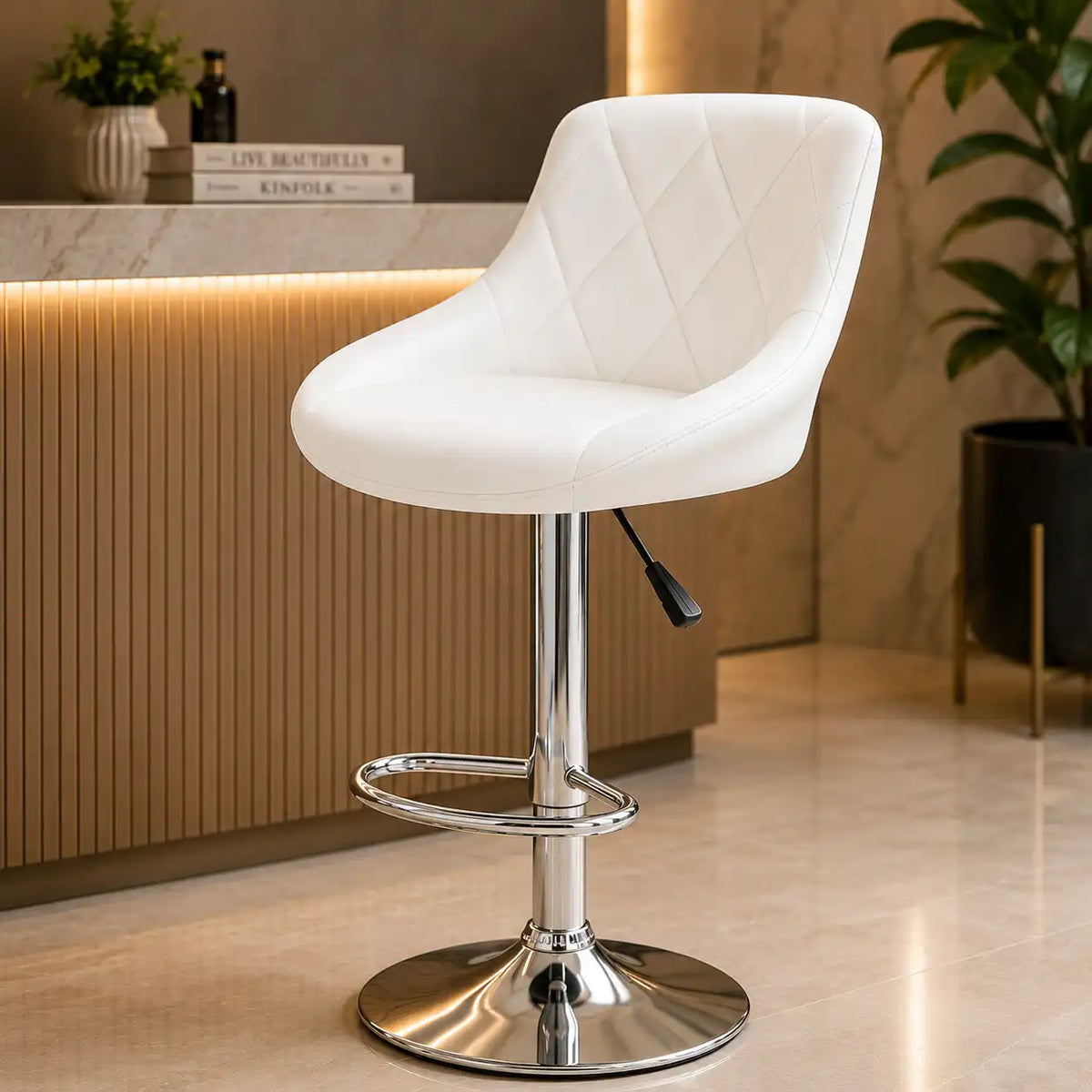 Easy Back Rest White Comfy Leatherette Style Bar Stool / Long Chair