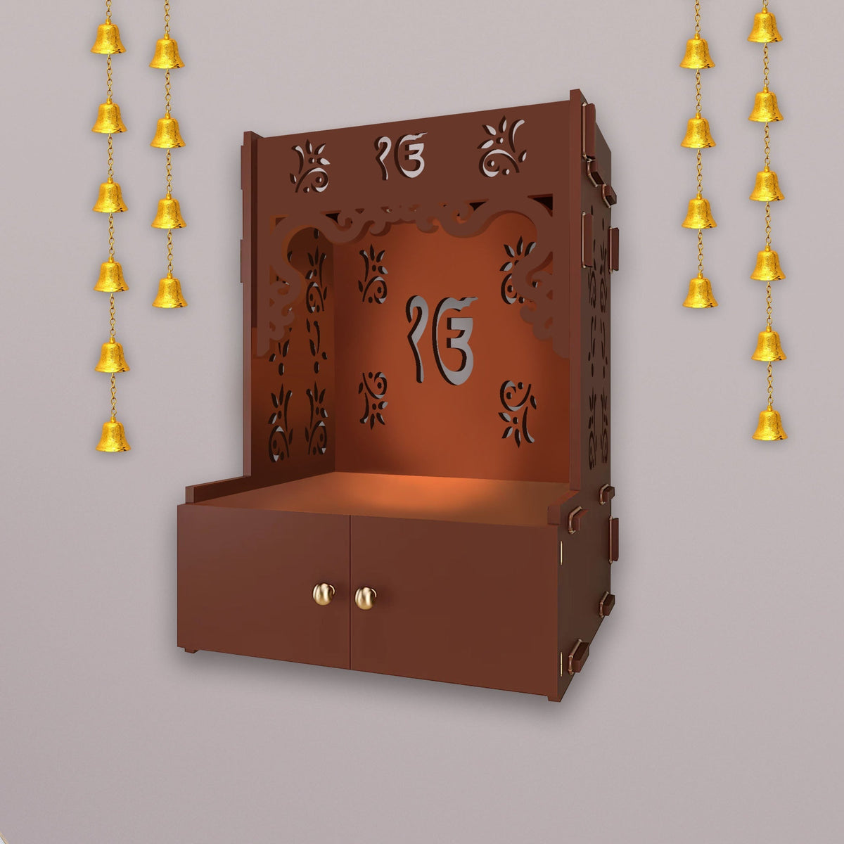 Ek-onkar Holy Symbol Brown Wooden Wall Temple for Home With Inbuilt focus Lights & Spacious Shelf