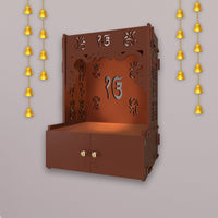 Ek-onkar Holy Symbol Brown Wooden Wall Temple for Home With Inbuilt focus Lights & Spacious Shelf
