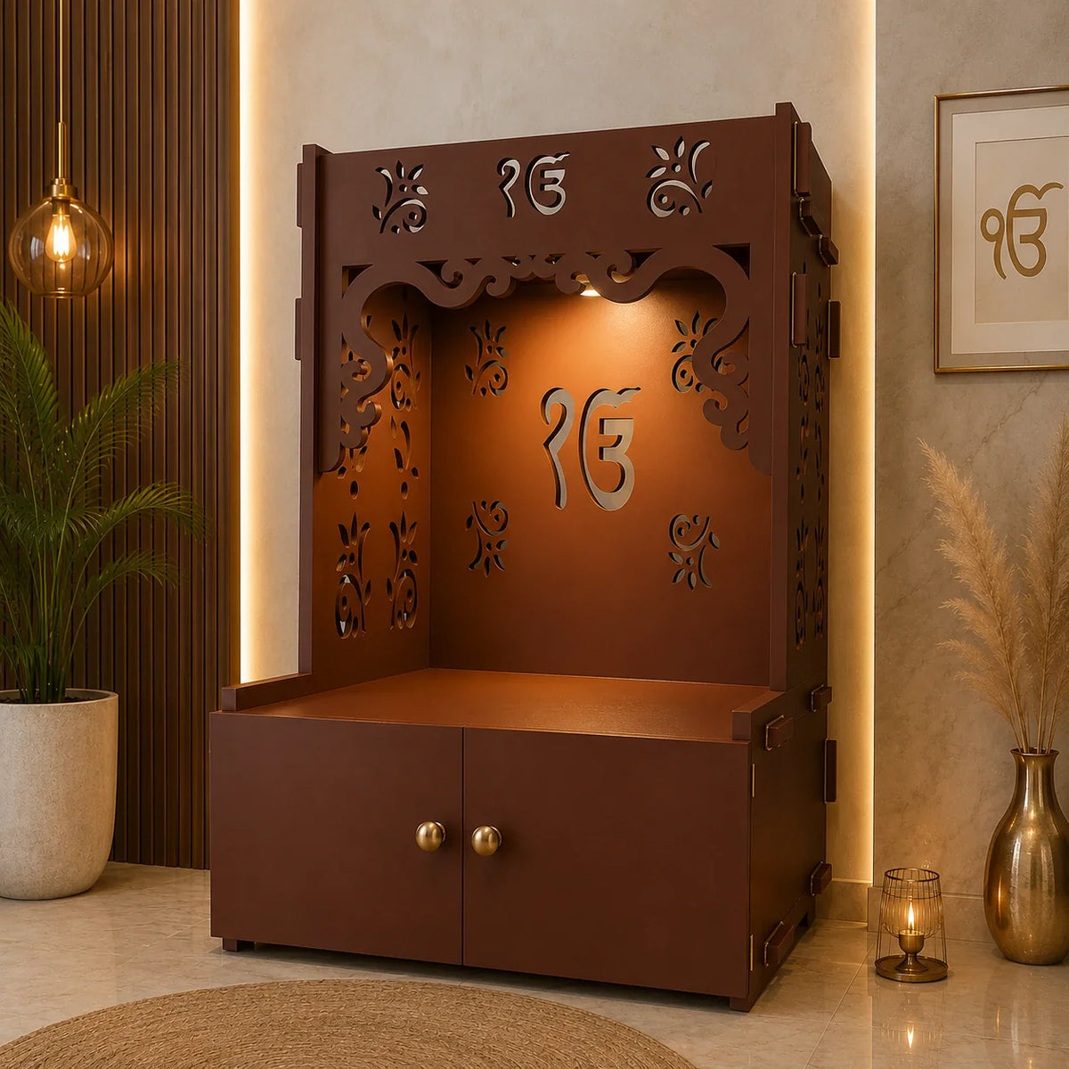 Ek-onkar Holy Symbol Floor Temple with Spacious Wooden Shelf & Inbuilt Focus Light- Brown Finish